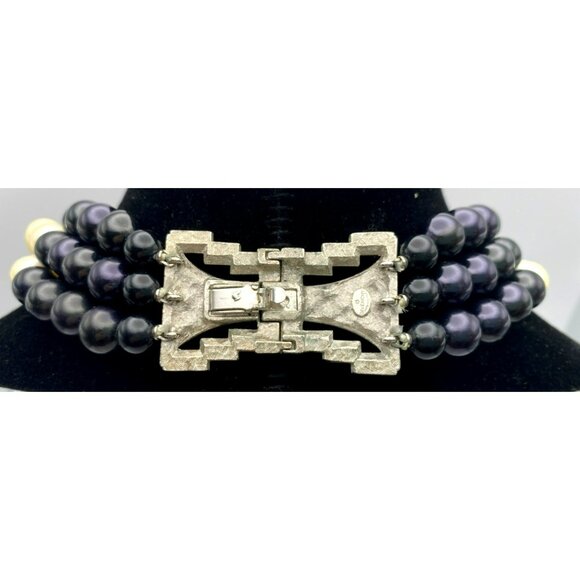 Vintage Givenchy Faux Pearl Black Bead Rhinestone Necklace Art Deco Style Clasp - Picture 7 of 10